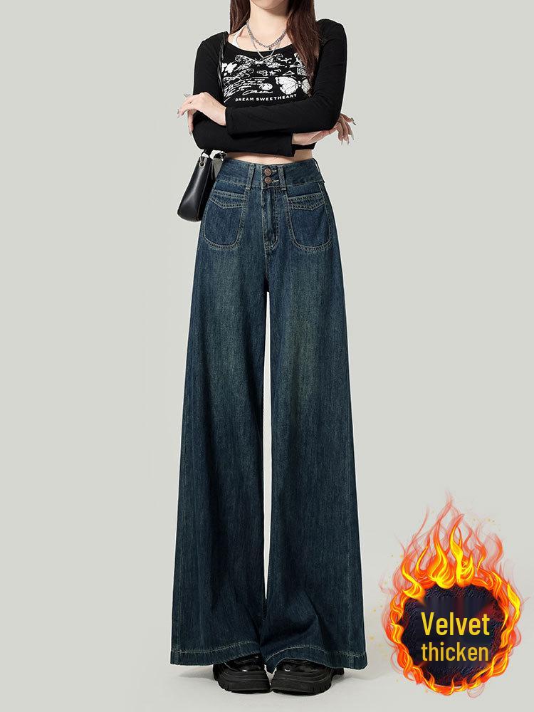 Women's High Waist Plush Wide-Leg Jeans - Autumn/Winter, Loose Fit, Slim, Straight Cut