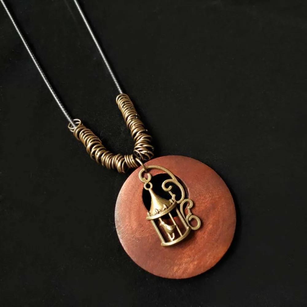 Retro Legno Foglia Gufo Lunga Catena Maglione Etnica Collana Rotonda Donne Ciondolo Orologio Gioielli Femminili Accessori per il Collo Regali Collare