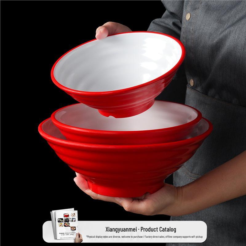 Two-Color Thickened Melamine Noodle Bowl - Large, Threaded Design for Restaurants, Perfect for Noodle Soup, Ramen, and Snail Rice Noodles