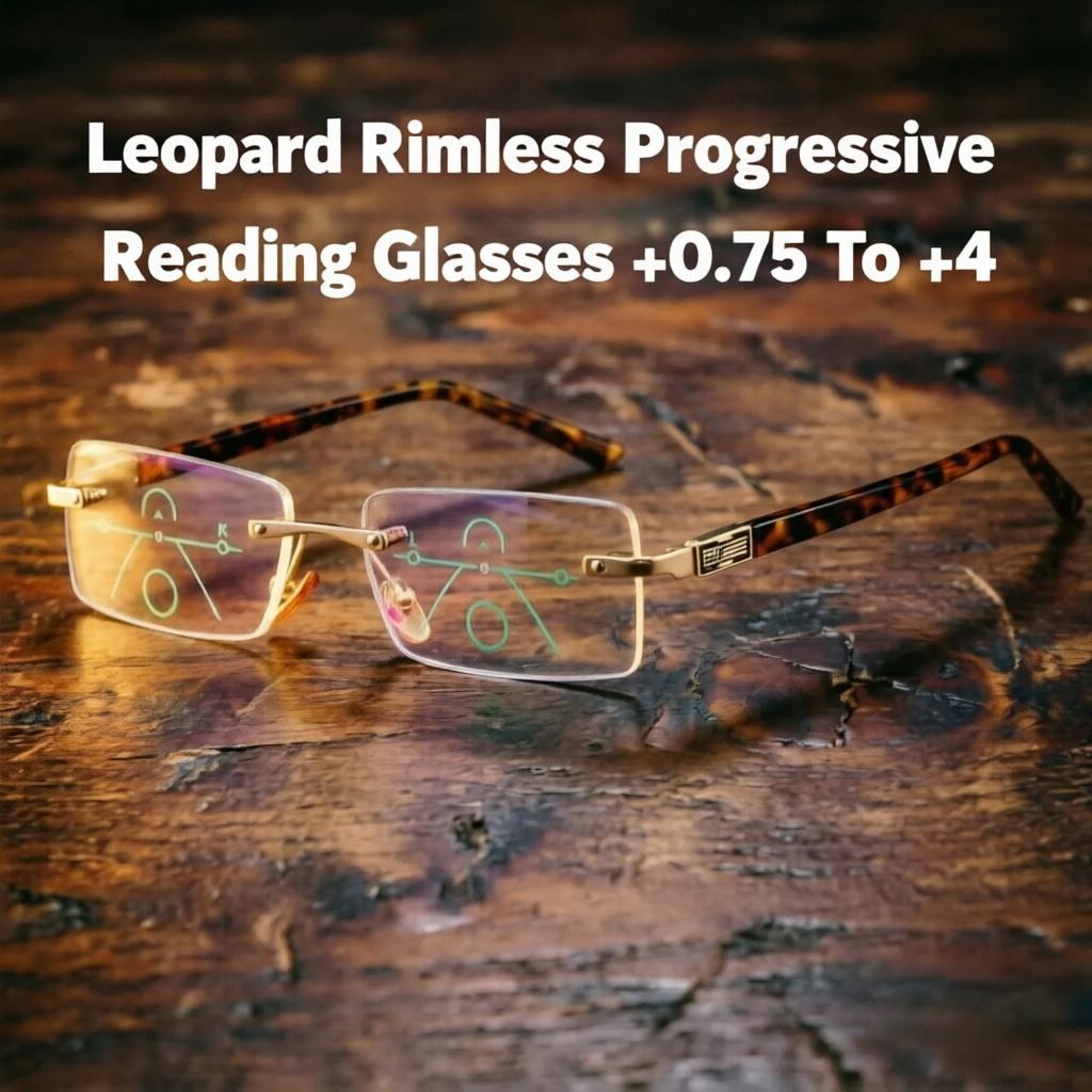 

Luxury Elegant Leopard Rimless Progressive Reading Glasses Men Gold Metal Temple Multifocal Presbyopic Eyewear +0.75 to +4 +3.50
