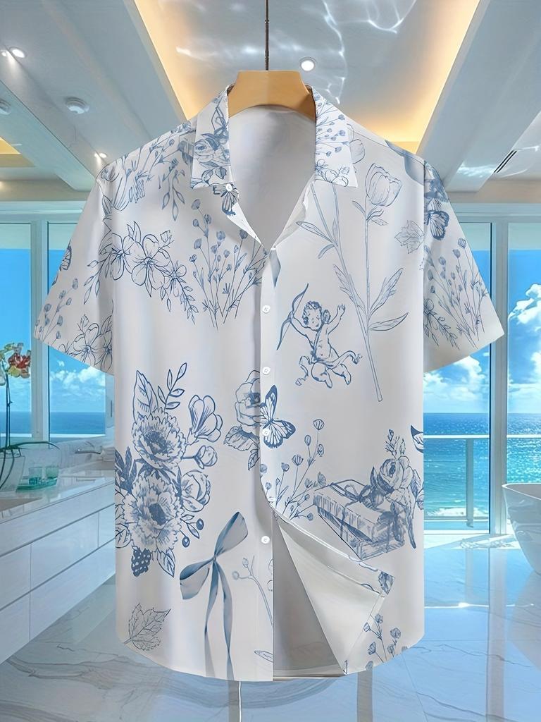 Tropical Beach Style Floral Print Men'S Short Sleeve Shirt, Button-Up, Cool And Fashionable Top, Suitable for Summer Casual Wear And Beach Vacation