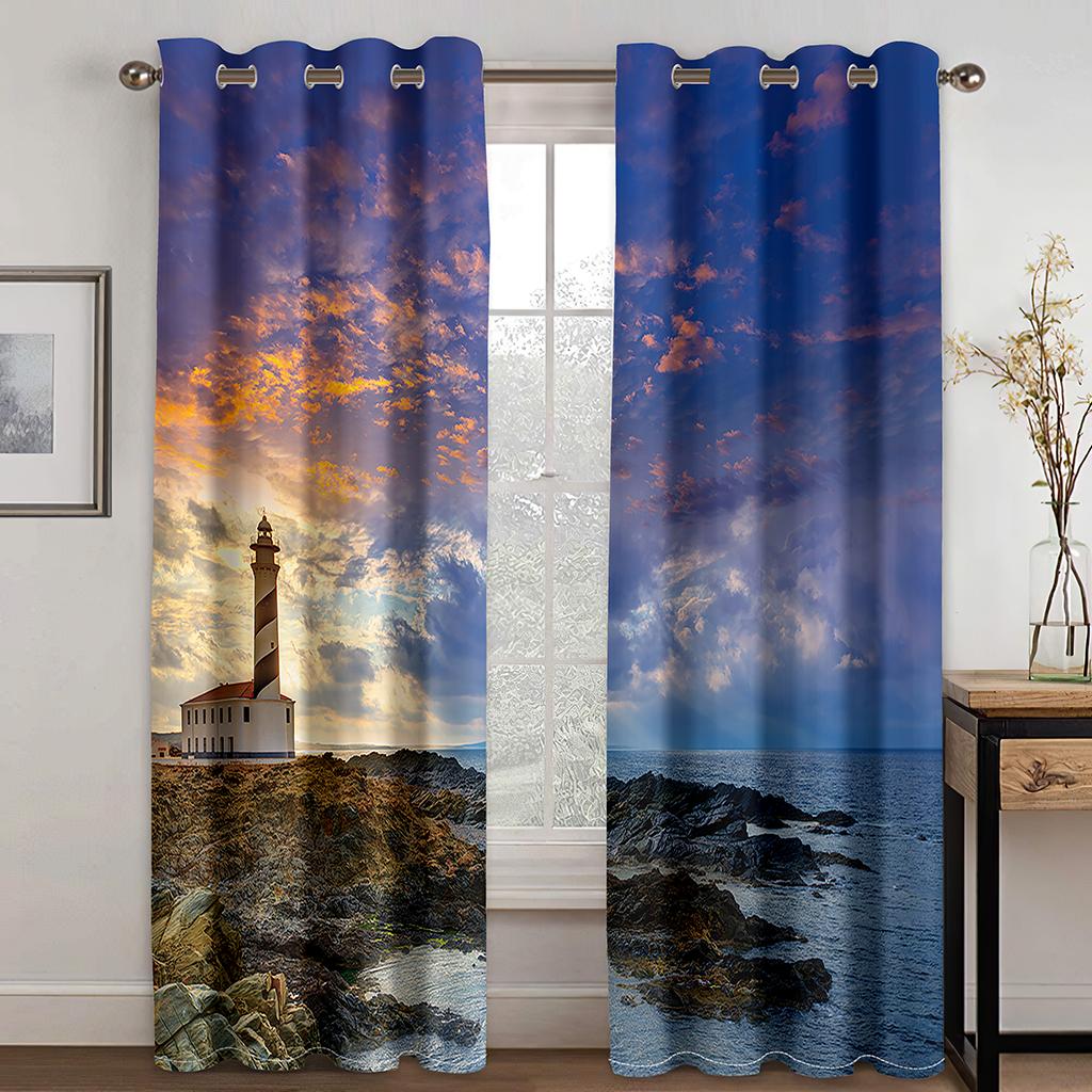 Sunset Beach Forest Mountain Beach Curtain, a Set of Two Pieces, Home Bedroom Living Room Shade Curtain