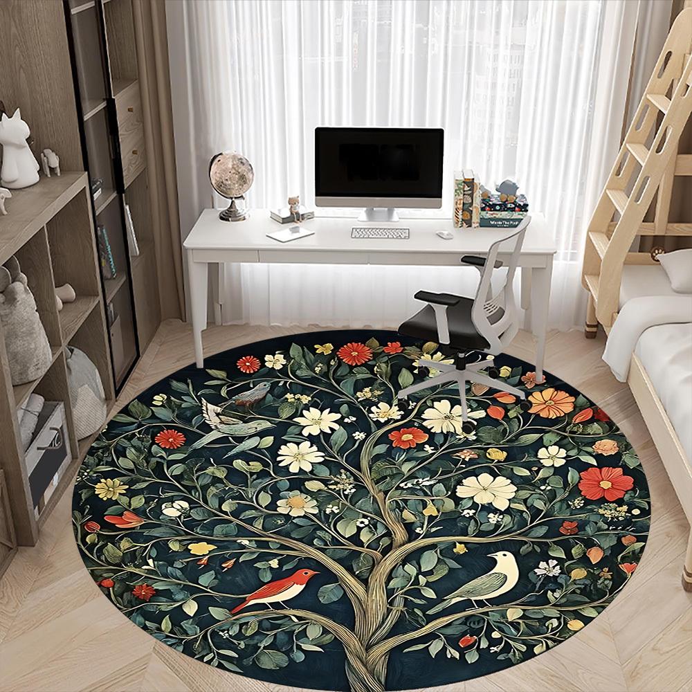 1PC Floral Tree Birds Office Round Area Rug,  Mat Suitable ForOffice, Under Office Chairs Bedroom Living Room Home Decor, Room Deco