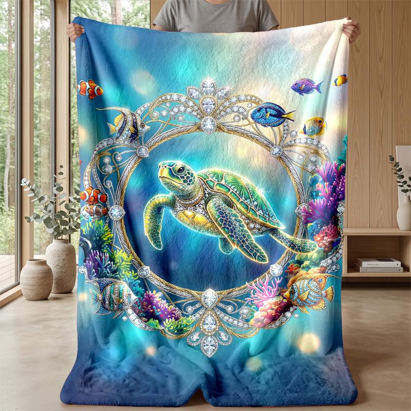 Oceanic Jeweled Turtle 1 Theme Blanket Lightweight Warm Flannel Blanket Decorative Throw Blanket for Home Decoration