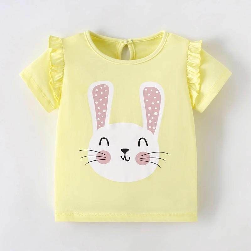 2025 Summer Girls' Comfortable T-Shirt New Short-Sleeve Stylish Little Rabbit European and American Style Top Round Neck Ruffled Edge 0-8 Years Old