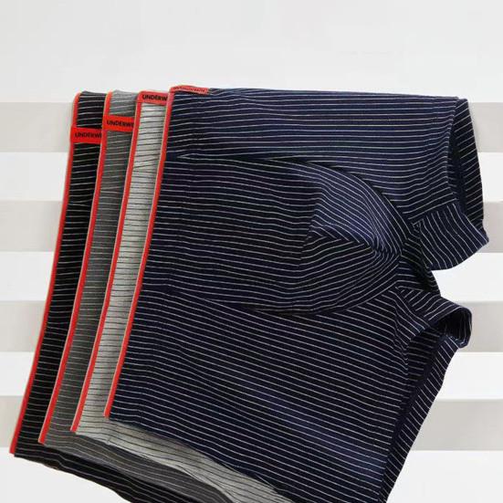 Men Boxer Underwear Mid-rise Elastic Waistband Striped Print Shorts Briefs U-Convex 3D Cut Panties Daily Wear