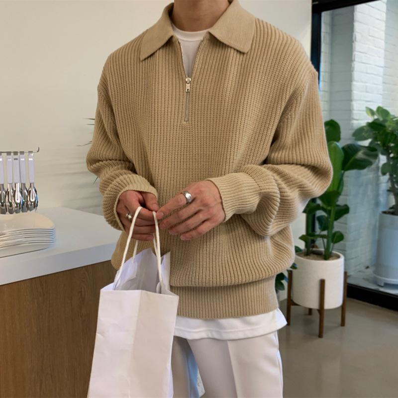 Men's Turn-Down Collar Knitted Sweater - Winter Loose Fit, Light Mature Style Polo Sweater