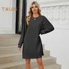 Herbst Frühling Kleid Faden Einfarbig Lose Brust Tasche Lange Ärmel O Hals Pullover Knie Länge Pendeln Dating Midi Kleid