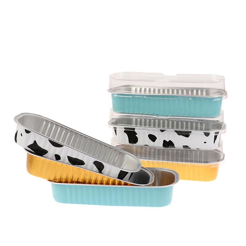 10Pcs Reusable Rectangle Aluminum Foil Tin Cup With Lids Pudding Cake Mold Air Fryer Small Baking Tray Baking Pastry Tools