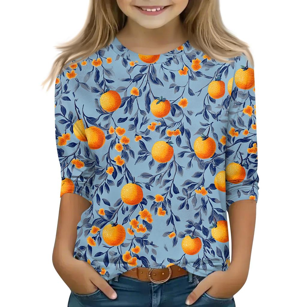 Print Tops For Youth Girls 5-16 Years Round Neck 3/4 Sleeves T-Shirts Trendy Tops Outfit Tees