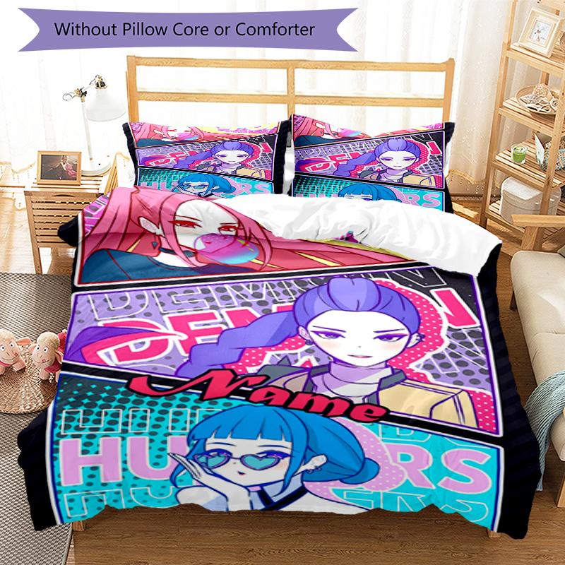 3pcs Custom Name KPop Demon Hunters Bedding Set Duvet Cover Closure Includes 1 Duvet Cover & 2 Pillowcases, Soft and Comfortable for All Seasons.
