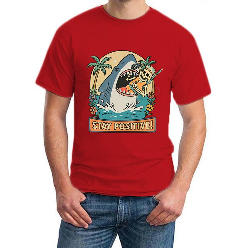 Stay Positive Shark Skeleton Funny T Shirts for Men New Design Fashion Summer Tops Positive Vibes Funny Skeleton T-shirt Women