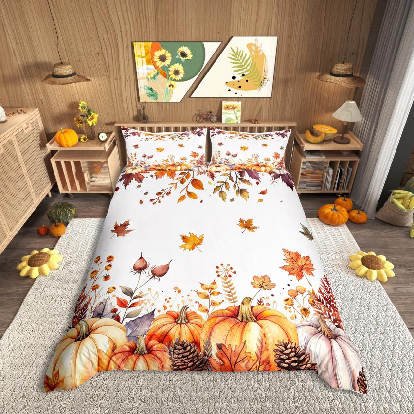 Homewish Rustic Flower Maples Duvet Cover SetAutumn Harvest Pumpkin Comforter Cover SetBrown Pine Cone Bed Set For Girls