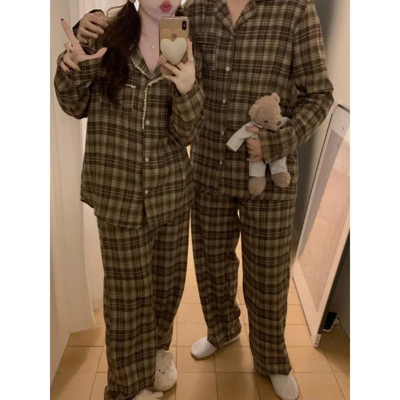 Plaid Couple Pajamas Autumn and Winter  Retro Brushed Pure Cotton One Man One Women Homewear Set Outer Wear