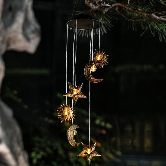 Solar Wind Chime Light, Star Sun Moon Wind Chime Solar Light, Outdoor Hanging Wind Chime, Solar Powered Garden Light for Patio Balcony Porch Terrace