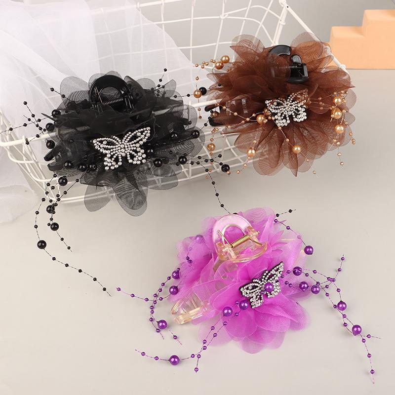 Haarspange mit Schmetterlings- und Blumenmuster, Haifisch-Haarspange für Damen, Haarschmuck mit Quasten und elegantem Blumenmuster.