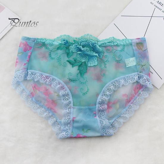 Underpants Women Panties Rose Embroidery Flower Print Mid Waist Stretch Briefs See-through Lace Sexy Ladies Underwear Daily Wear
