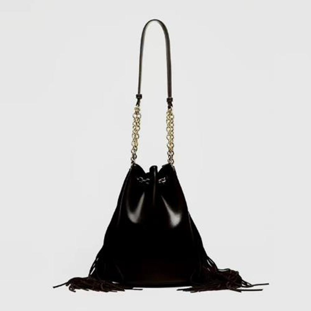 

Fashion Long Tassel Bucket Bag Luxury Designer Handbag and Purses Chains Drawstring Shoulder Bag Soft PU Leather Sling Bags 25x20.5x15CM
