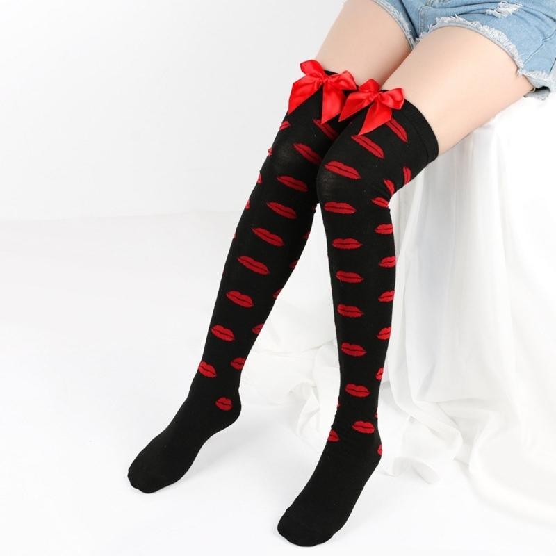 Valentines Day Over Knee Long Socks Cute Bowknots Lip Heart Pattern Thigh High Stockings for Women Parties Casual Wear