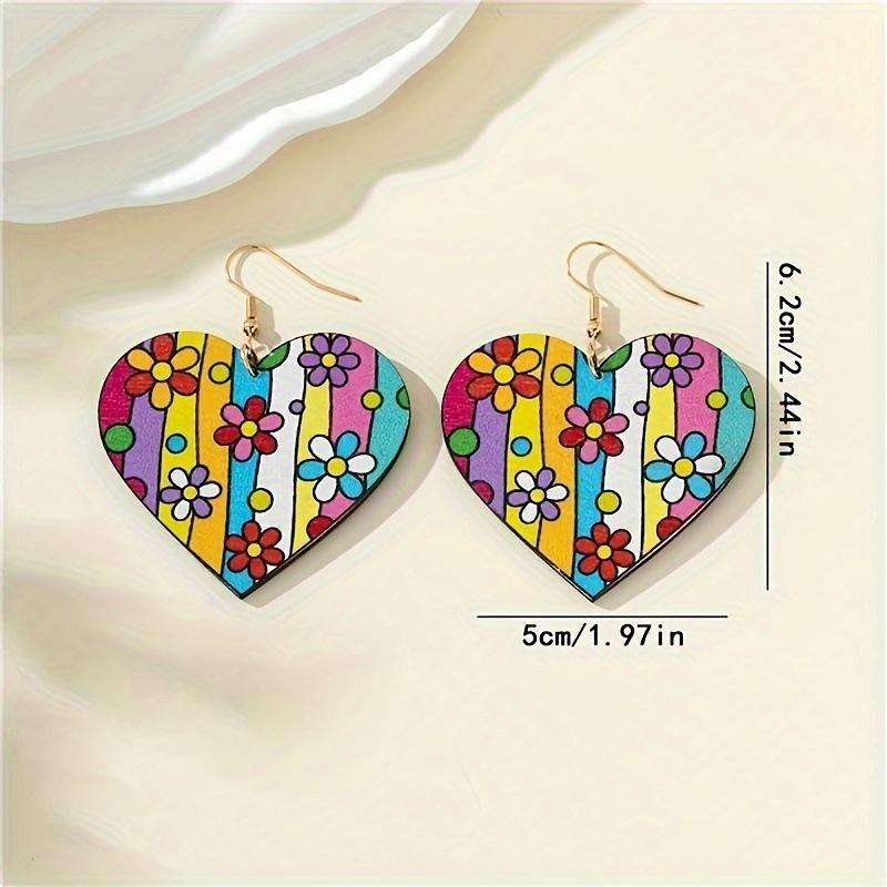 New Bohemian Wood Double-Sided Printed Heart Earrings Women's Fashion Love Earrings