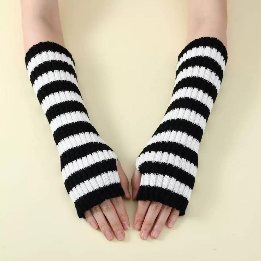 Lolita Long Fingerless Gloves Y2K Fingerless Arm Warmers Arm Cover Striped Knitted Arm Sleeves  JK