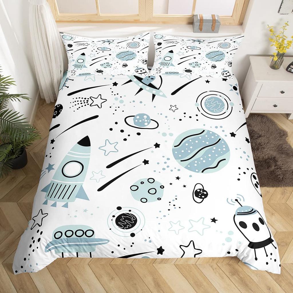 Kids Rocket Duvet Cover Twin Boys Space Planet Theme Bedding Set 3pcs Set Watercolor Spaceship Stars Universe Comforter Cover