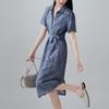 100% Mulberry Silk Printed Lace Up Shirt Dress, 2026 Summer Slimming Mid Length Silk Dress