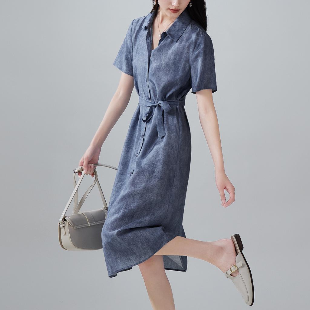 100% Mulberry Silk Printed Lace Up Shirt Dress, 2026 Summer Slimming Mid Length Silk Dress