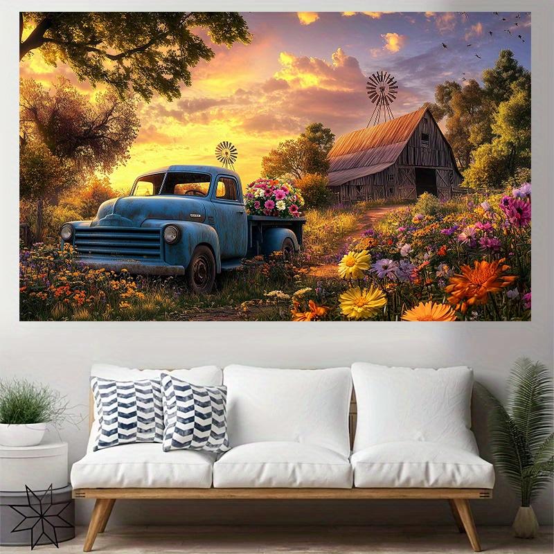 Retro blue pickup truck Digital printing polyester wall tapestry suitable for use in living rooms bedrooms offices bars party
