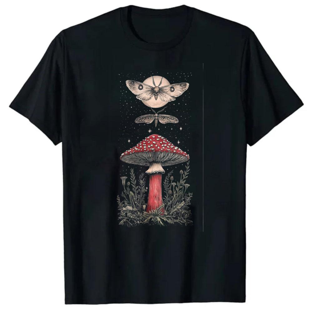Cottagecore Goblincore Mushroom Moth Moon Red Cap White Spots Starry Botanical Black Crew Neck Short Sleeve Oversized Fit Shirt