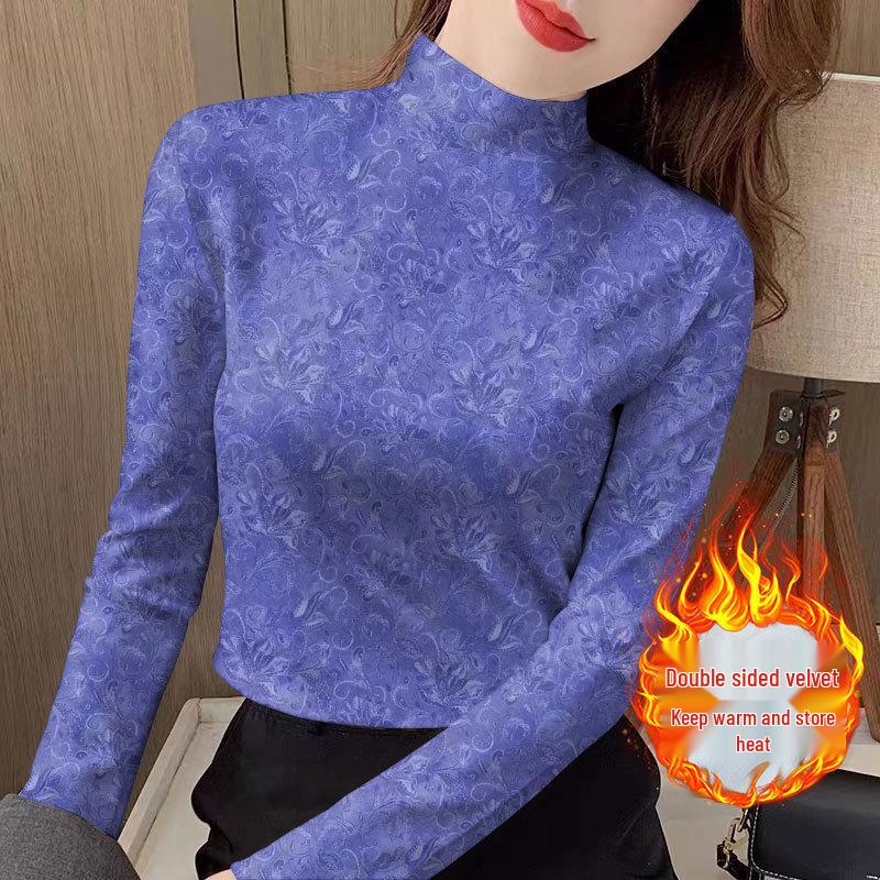 

Women’s Printed Warm Base Layer Shirt, Half-High Neck, Long Sleeve, for Middle-Aged and Elderly, Autumn/Winter. Large