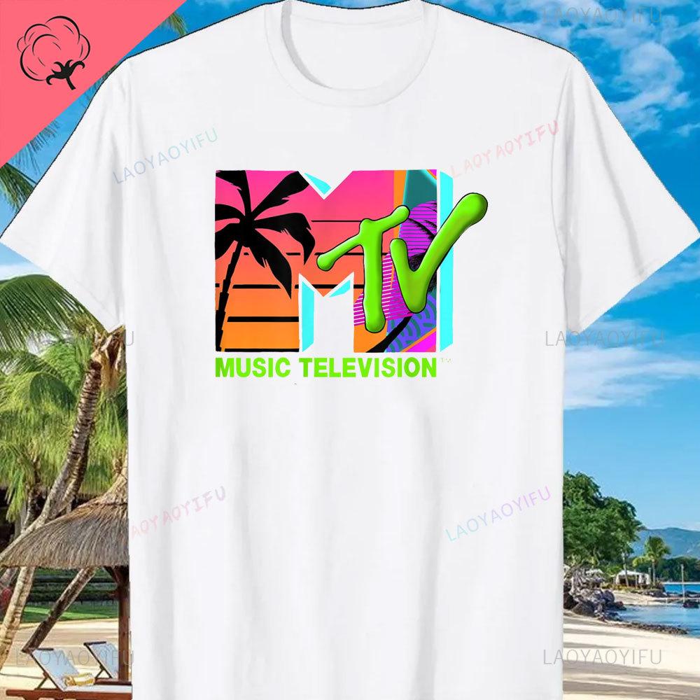 MTV Beach Island Logo Retro Grafik Baumwoll T-Shirt M-T-V Sonnenuntergang Palme Print Top Unisex Grafik T-Shirts