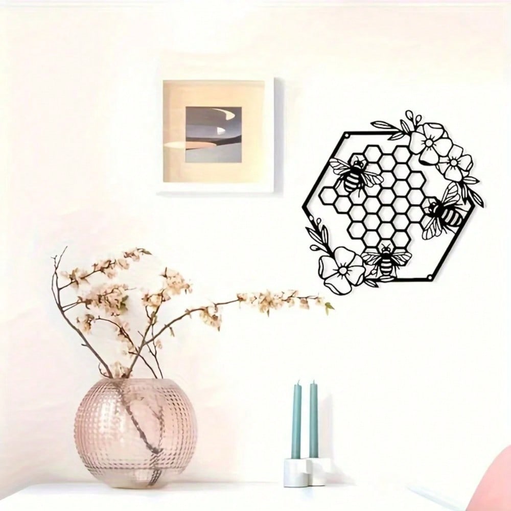 Wrought Iron Black Hexagon Animal Wall Art with Flower Sculpture Home Decor