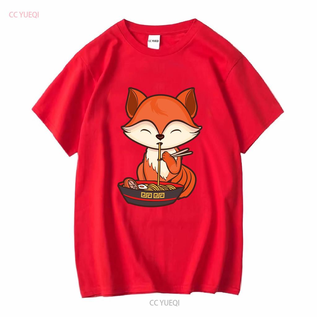 Fox Eating Ramen Kawaii T Shirt Japanese Cute Lovely Long or Short Sleeves Vintage Washed Unisex Casual Slightly Versatile