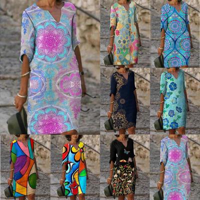Kadın Yaz Gevşek Midi Elbise Çiçek Baskılı Düz Elbise Yarım Kollu V Yaka Elbise Moda Vintage Elbiseler