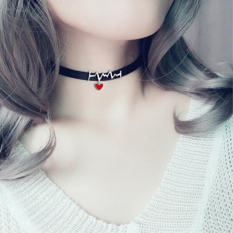 S925 Silver EKG Red Heart Choker Necklace - Black Rope Jewelry for Christmas & Valentine's Day Gift