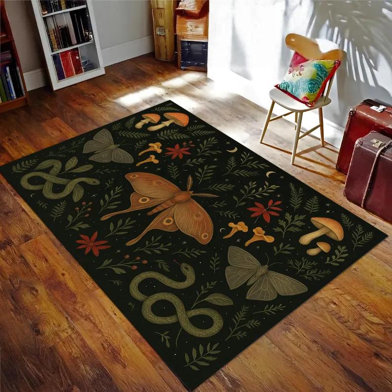 Gothic Luna Moth Rug Mystic Butterfly Moonlit Floral Decor Living Room Floral Home Decor Dark Cottagecore Gothic Floral Decor