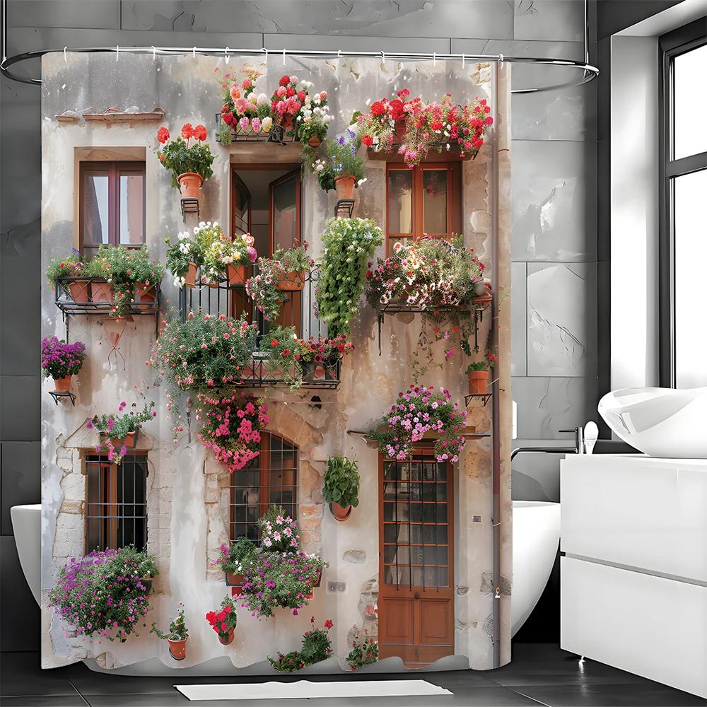 

Итальянский уличный пейзаж Занавеска для душа, Кирпичная стена Розовый цветочный Винтаж Деревянная дверь Растение в горшке Европейская улица Натуральный сад С W90XH180cm