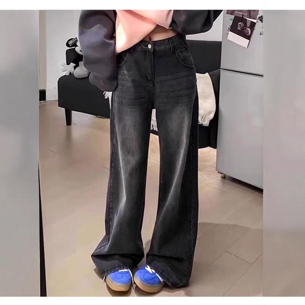 2025 Women's Black and Gray Plus Size Wide-Leg Jeans - Autumn/Winter Loose Straight-Leg Pants for Pear Shapes