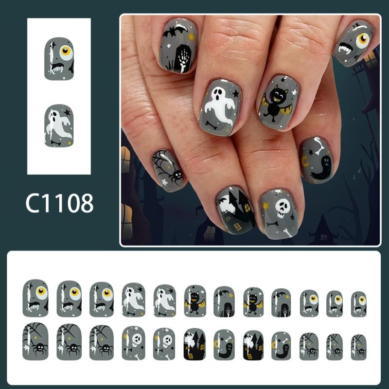 Halloween Press On Nail 24PCS Dark House Art With Glittering And Skeletons Easy Application For Parties