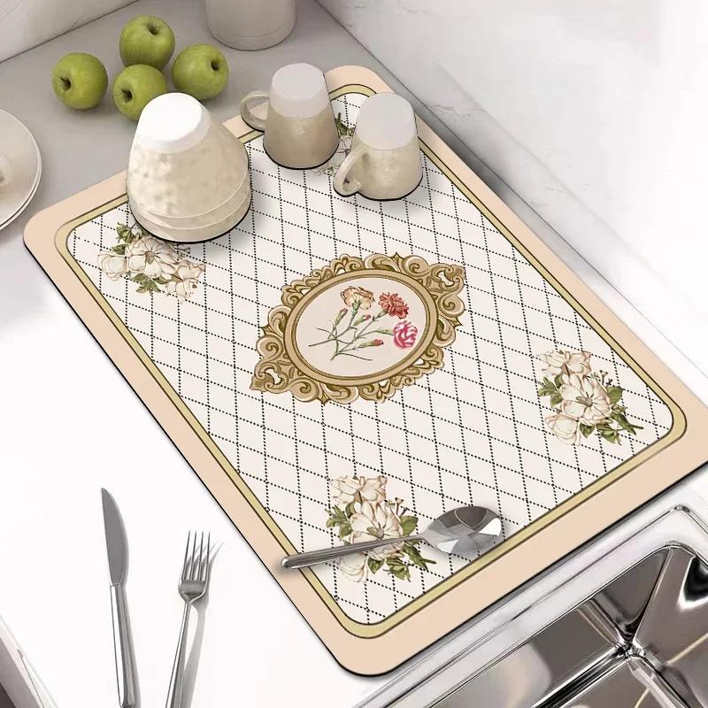Kitchen Drain Mat Absorbent Coffee Drying Pad  Retro Tableware Placemat Printed Cup Dish Drying Drainer Mats Dinnerware Placemat
