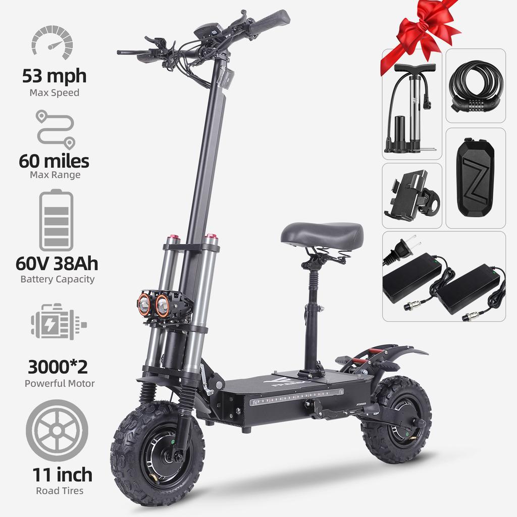 J30MAX Electric Scooter, 6000W Dual Motor 60V38Ah,NFC Card Activation Scooter, Hydraulic Brake 11" All Terrain Tires E-Scooter