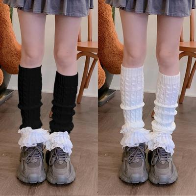 Twist Cable Knit Leg Warmers Long Socks for Women Cute Bowknot Tiered Ruffled Lace Hem Boot Cuffs Leg Covers Stockings