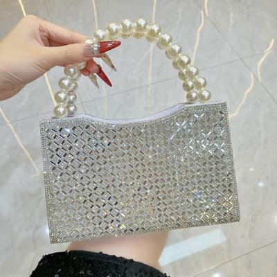 Borsa a Mano in Perle - Borsa da Sera alla Moda - Borsa a Tracolla con Catena - Borsa a Tracolla Lucida con Cristalli