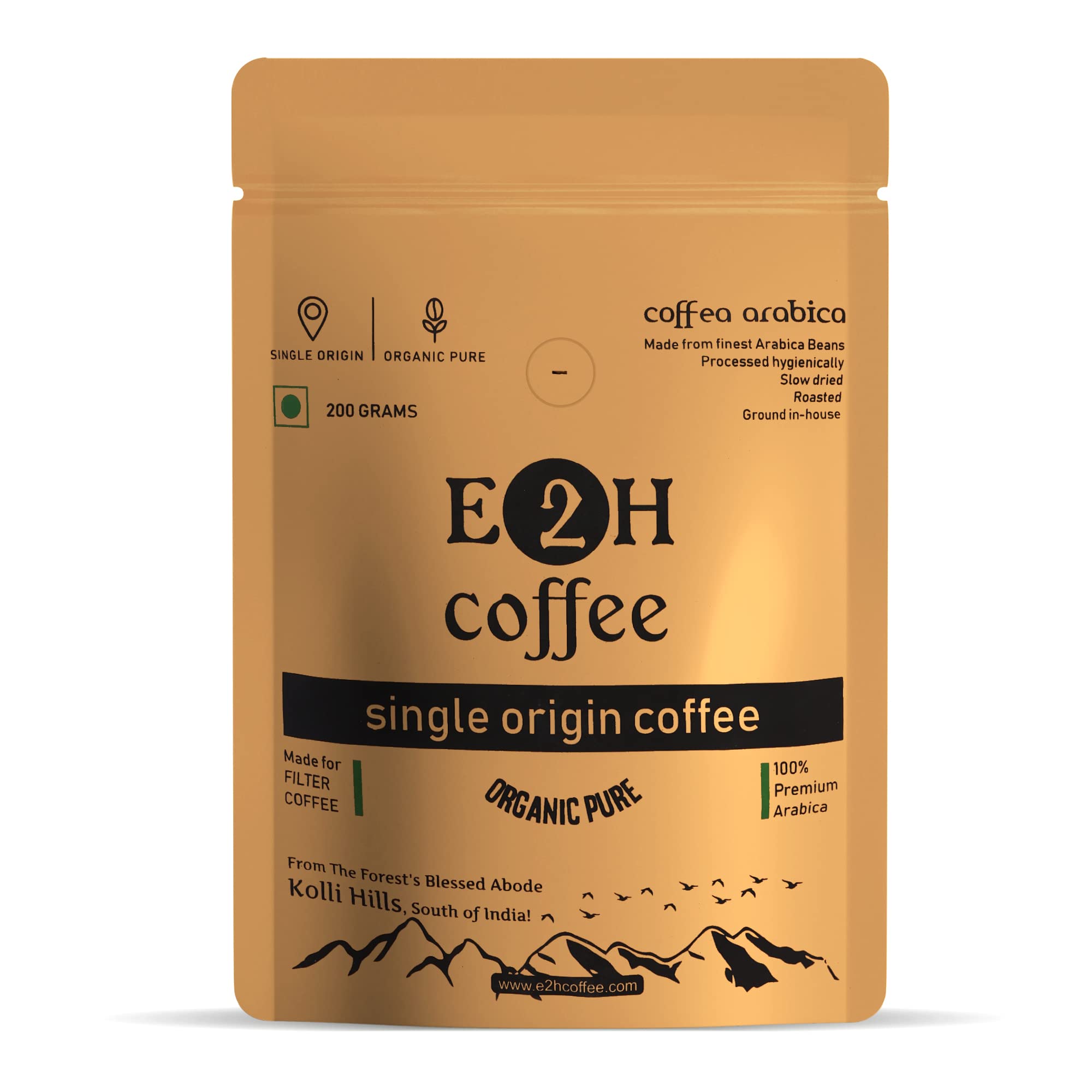 E2H Coffee 100% Organic Coffee Powder Pure From Premium Arabica Blend, Medium Dark Roast Beans Ground Coffee For Filter, Black&Espresso Coffee, Sin