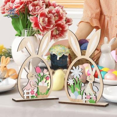 2Pcs Hand-Painted Easter Bunny Ornament Farmhouse Rustic Flower Easter Table Decor DIY Flat Rabbit Figurines Ornament