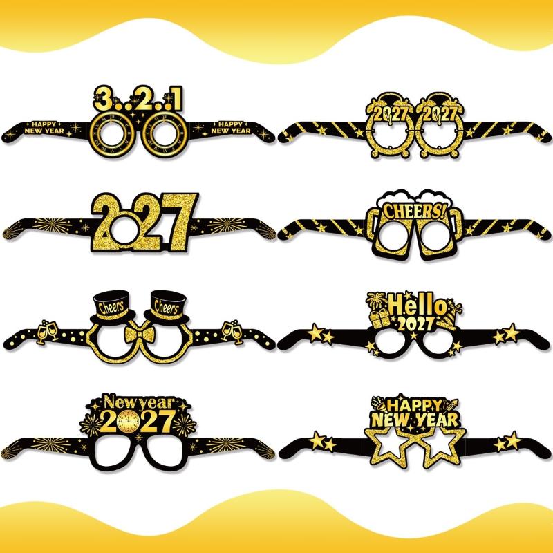 8 Pcs 2027 Happy New Year Party Paper Glasses Black Gold Birthday Party Decoration Photo Prop