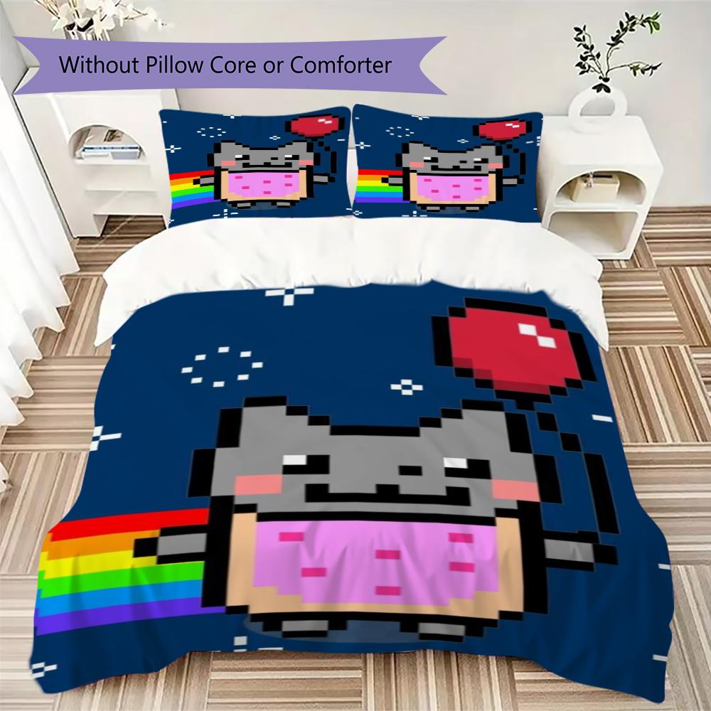 Nyan Cat Pattern Bedding Uilt Set Uilt Cover Pillowcase Home Decoration Birthday Gift (1 * Duvet Cover + 2 * Pillowcase Without Core)99