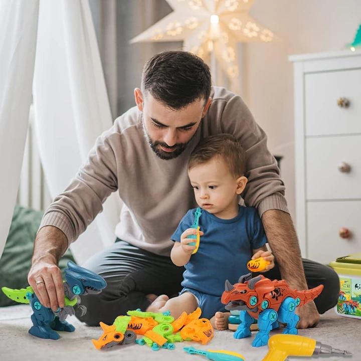 Set di Giocattoli da Assemblare con Dinosauri e Scatola Portaoggetti, Trapano Elettrico Avvitatore, Kit di Costruzione Educativo STEM Fai-da-te per Bambini e Bambine dai 3 agli 8 Anni
