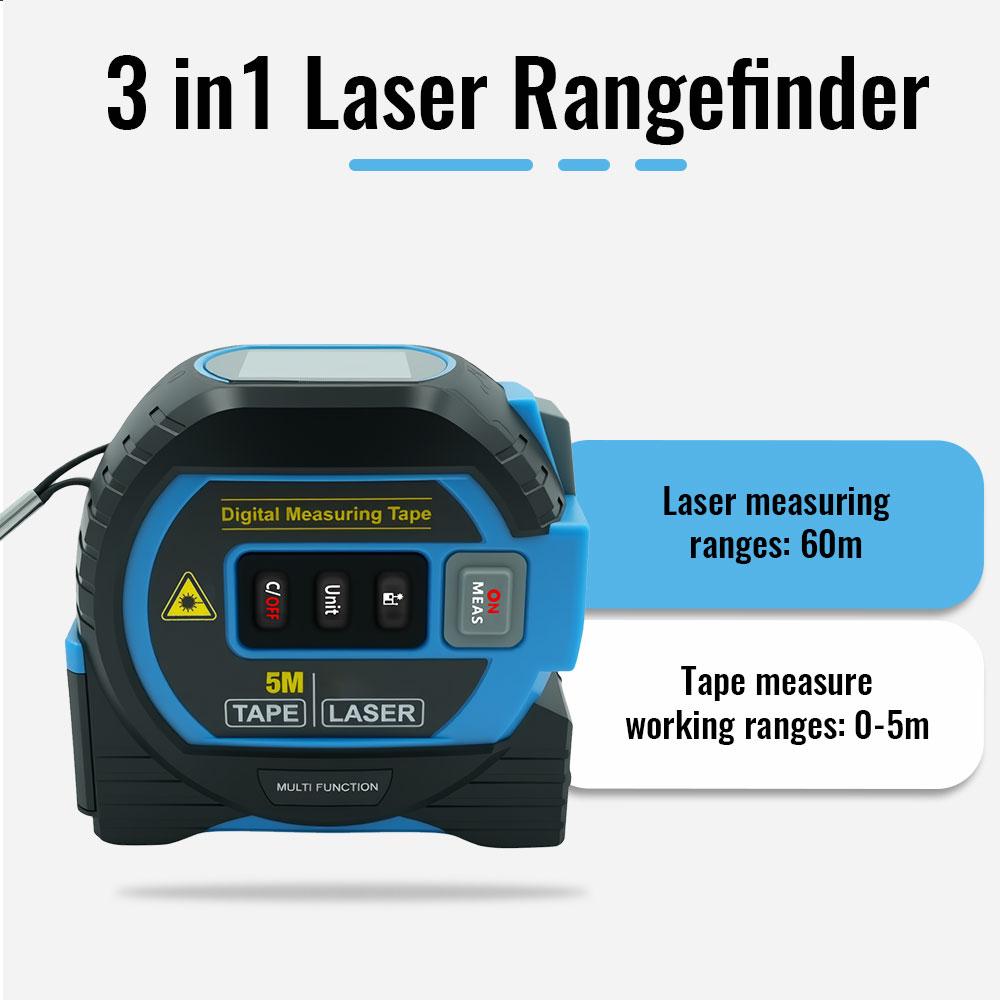 Laser Tape Measure Meter Building Measurement Device 3in1 Laser Rangefinder 5M Tape 60M Laser Measure with LCD Digital Display